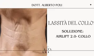 Primo piano del collo con pelle del collo cadente e rughe. Testo: "Lassità del collo? Soluzione: Airlift 2.0- Collo".