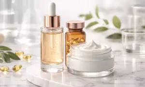 Flacone di siero, capsule e crema viso su marmo. Scopri dmae cos'è e come può migliorare la tua pelle.