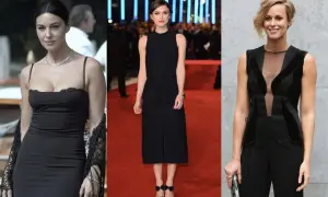 Tre donne in abiti neri eleganti, ognuna con una **body shape** diversa, su sfondi differenti.