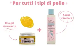 La doppia detersione perfetta: olio gel struccante e acqua micellare per tutti i tipi di pelle.