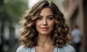 Donna con splendidi capelli scalati mossi naturali, che incorniciano un viso sorridente.