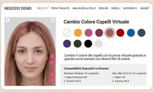 Prova colore capelli virtuale: una donna con capelli castano ramati sceglie una nuova tonalità tra diverse opzioni.