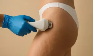 Trattamento estetico per la cellulite. Un dispositivo viene passato sulla pelle, forse per migliorare l'aspetto della pelle e combattere la cellulite, con un possibile riferimento alla caffeina come ingrediente.