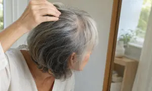 Donna anziana si tocca i capelli grigi, preoccupata per il diradamento. Riflessione nello specchio.
