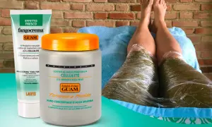 Fanghi Guam prima e dopo: gambe avvolte in impacchi di alghe per combattere la cellulite. Prodotti GUAM in primo piano.