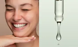 Un sorriso radioso e una goccia di siero con niacinamide e acido ialuronico insieme, per una pelle luminosa e idratata.
