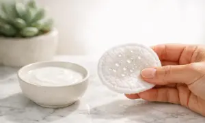 Un dischetto di cotone bagnato, pronto per rimuovere il trucco con latte detergente o acqua micellare, accanto a una ciotola di crema bianca.