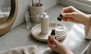 Mani che aggiungono gocce di siero al retinolo a una crema, per una skincare routine efficace.