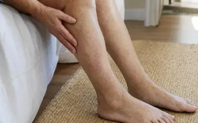 Pelle delle gambe invecchiata con capillari visibili. Una mano accarezza delicatamente la parte superiore della gamba, mostrando i segni del tempo.