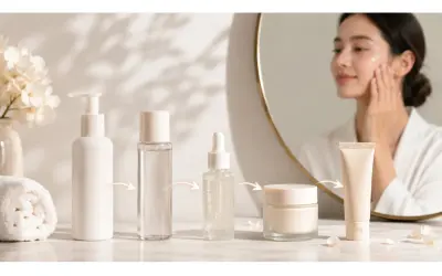 I prodotti per la cura della pelle mostrati seguono i passaggi per una routine perfetta. Una donna si guarda allo specchio, applicando la crema.