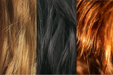 Tre ciocche di capelli: biondo dorato, castano scuro e rosso ramato. Un aiuto visivo per capire che colore di capelli mi sta bene.