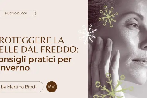 Proteggere la pelle dal freddo in inverno: consigli pratici. Un volto maturo con fiocchi di neve stilizzati, per un'abbronzatura invernale sicura.