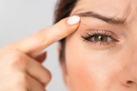 Dettaglio di un occhio incappucciato con trucco, evidenziato da un dito che solleva la palpebra.