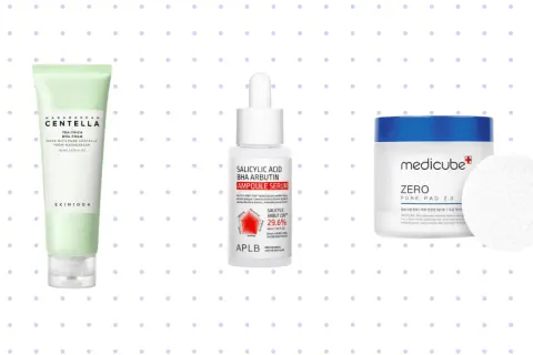Tris di prodotti skincare: detergente alla centella, siero con acido salicilico e niacinamide, e dischetti esfolianti per minimizzare i pori.