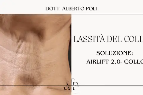 Primo piano del collo con pelle del collo cadente e rughe. Testo: "Lassità del collo? Soluzione: Airlift 2.0- Collo".