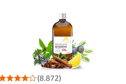 Olio essenziale anticellulite con ingredienti naturali come cannella, bacche di ginepro e limone.