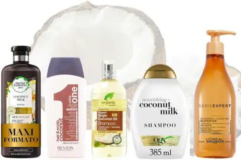 Vari shampoo al cocco, evidenziando i benefici idratanti e nutrienti per i capelli.