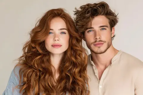 Coppia con capelli mossi: lei con lunghi capelli rossi e lentiggini, lui con capelli castani e barba leggera.