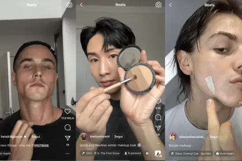 Uomo applica correttore per come coprire i brufoli. Altri due uomini mostrano prodotti per il trucco.
