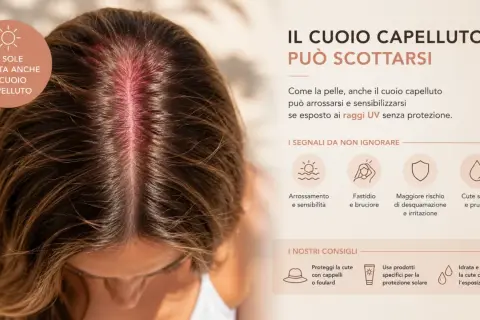 Cuoio capelluto arrossato dal sole, con indicazioni sui danni solari e consigli per la protezione.