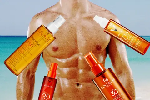 Olio abbronzante fa male? Quattro flaconi di spray solare (Uriage, Vichy, Lancaster, Collistar) circondano un torso maschile muscoloso.