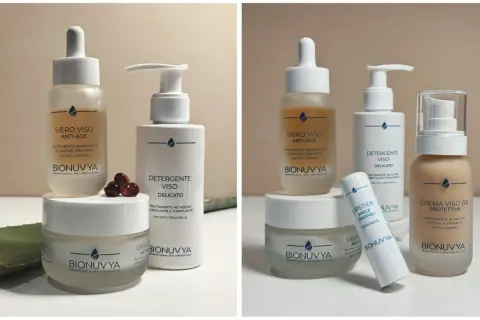 Kit beauty routine Bionuvya: siero anti-age, detergente viso delicato, crema viso BB protettiva e altri prodotti per una pelle radiosa.