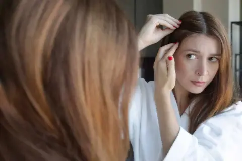 Donna preoccupata esamina i suoi capelli, notando forse i primi capelli bianchi da stress.