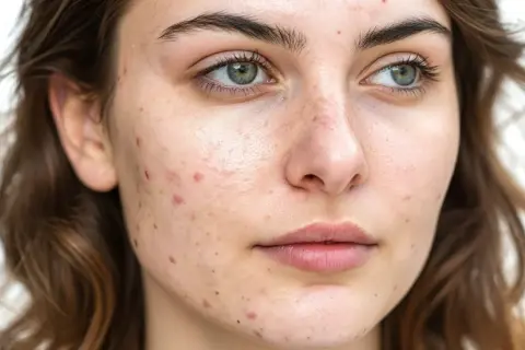 Primo piano del viso di una giovane donna con evidenti imperfezioni cutanee, che illustra le cause dell'acne in età adulta.