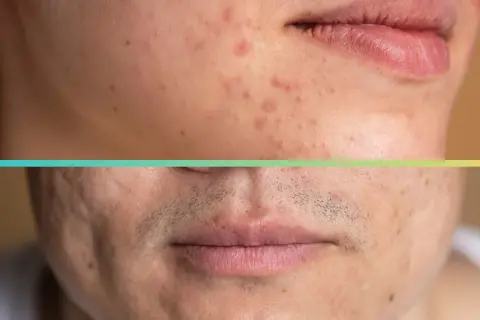 Primo piano di un viso con acne e cicatrici. Si cercano buchi sul viso rimedi naturali per migliorare l'aspetto della pelle.
