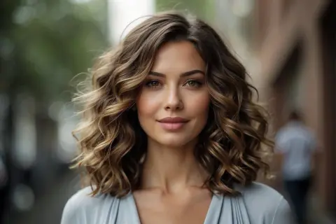 Donna con splendidi capelli scalati mossi naturali, che incorniciano un viso sorridente.