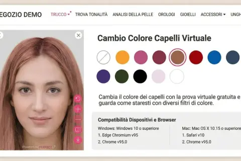 Prova colore capelli virtuale: una donna con capelli castano ramati sceglie una nuova tonalità tra diverse opzioni.