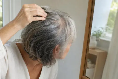 Donna anziana si tocca i capelli grigi, preoccupata per il diradamento. Riflessione nello specchio.