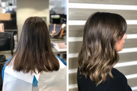 Capelli castani trasformati con schiariture delicate e onde morbide, un perfetto effetto tono su tono.