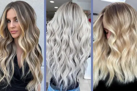 Tre acconciature con capelli beach waves: biondo cenere, biondo miele e castano con riflessi dorati.