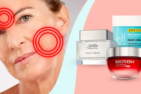 Viso con segni d'età e cerchi rossi, affiancato da creme viso, tra cui una con peptidi.