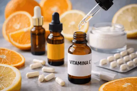 Siero vitamina c siero a cosa serve? Flaconi ambrati, agrumi, capsule e crema viso suggeriscono benefici per la pelle e il benessere.