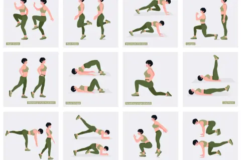 Esercizi per un sedere sodo: High Knees, Butt Kicks, Mountain Climbers, Lunges, Glute Bridge, Donkey Kicks e altri.