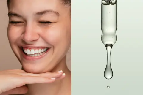 Un sorriso radioso e una goccia di siero con niacinamide e acido ialuronico insieme, per una pelle luminosa e idratata.