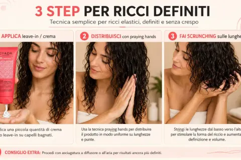 Donna mostra come definire i suoi **capelli ricci** con una crema leave-in, applicandola e poi facendo scrunching.