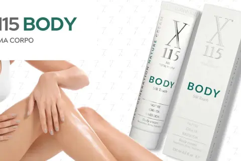 Crema corpo X115 BODY, con effetto caldo benefico, nutre, idrata e rassoda la pelle per un aspetto giovane e setoso.