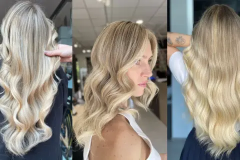 Tre donne con capelli biondi ondulati, che mostrano una cartella colori capelli freddi con sfumature naturali e luminose.