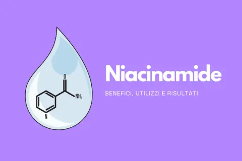 Goccia con formula chimica della niacinamide. Nonostante i benefici, alcuni si chiedono se la niacinamide fa venire brufoli.