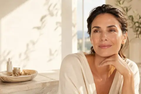 Donna sorridente con pelle luminosa, accanto a prodotti skincare con acido glicolico e retinolo.