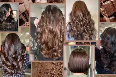 Capelli color cioccolato caldo, sfumature ricche e lucenti come una tavoletta di cioccolato fondente.
