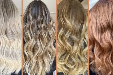 Quattro acconciature con diverse tonalità di colore biondo, dal platino al rame rosato, con onde morbide.