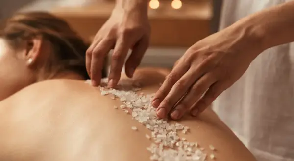 Mani esperte applicano un scrub corpo con cristalli di sale sulla schiena di una persona, un rituale di benessere prima della doccia.