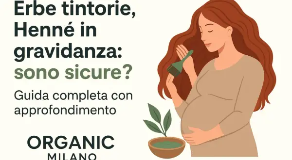 Donna incinta con capelli rossi e pennello per tinta, con ciotola di henné. Guida su erbe tintorie e gravidanza.