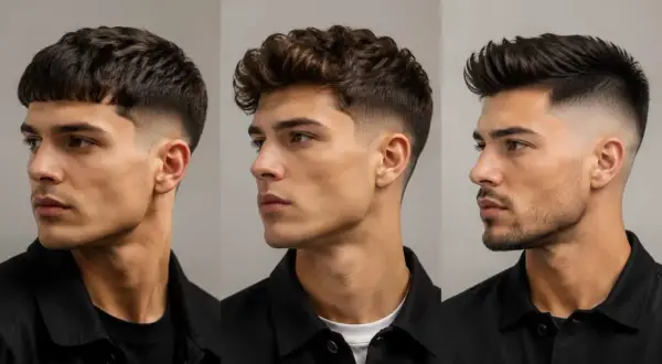 Tre ragazzi con capelli con sfumatura: taglio corto e netto, ricci voluminosi, e un ciuffo moderno.