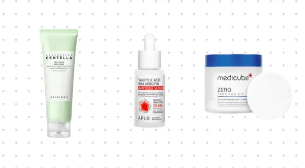 Tris di prodotti skincare: detergente alla centella, siero con acido salicilico e niacinamide, e dischetti esfolianti per minimizzare i pori.