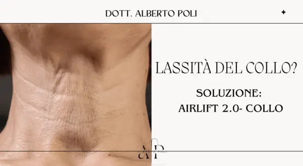 Primo piano del collo con pelle del collo cadente e rughe. Testo: "Lassità del collo? Soluzione: Airlift 2.0- Collo".